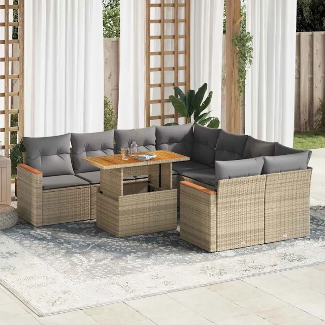 vidaXL 9-delige Loungeset met kussens poly rattan acacia beige, foto 2