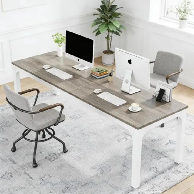 DESMIU Bureau - Rechthoekig Computertafel Voor 2 Personen - Ruim Werkblad Voor Kantoor En Thuiswerkplek - Hout En Metaal - 200x70x75 Cm - Taupe Wit