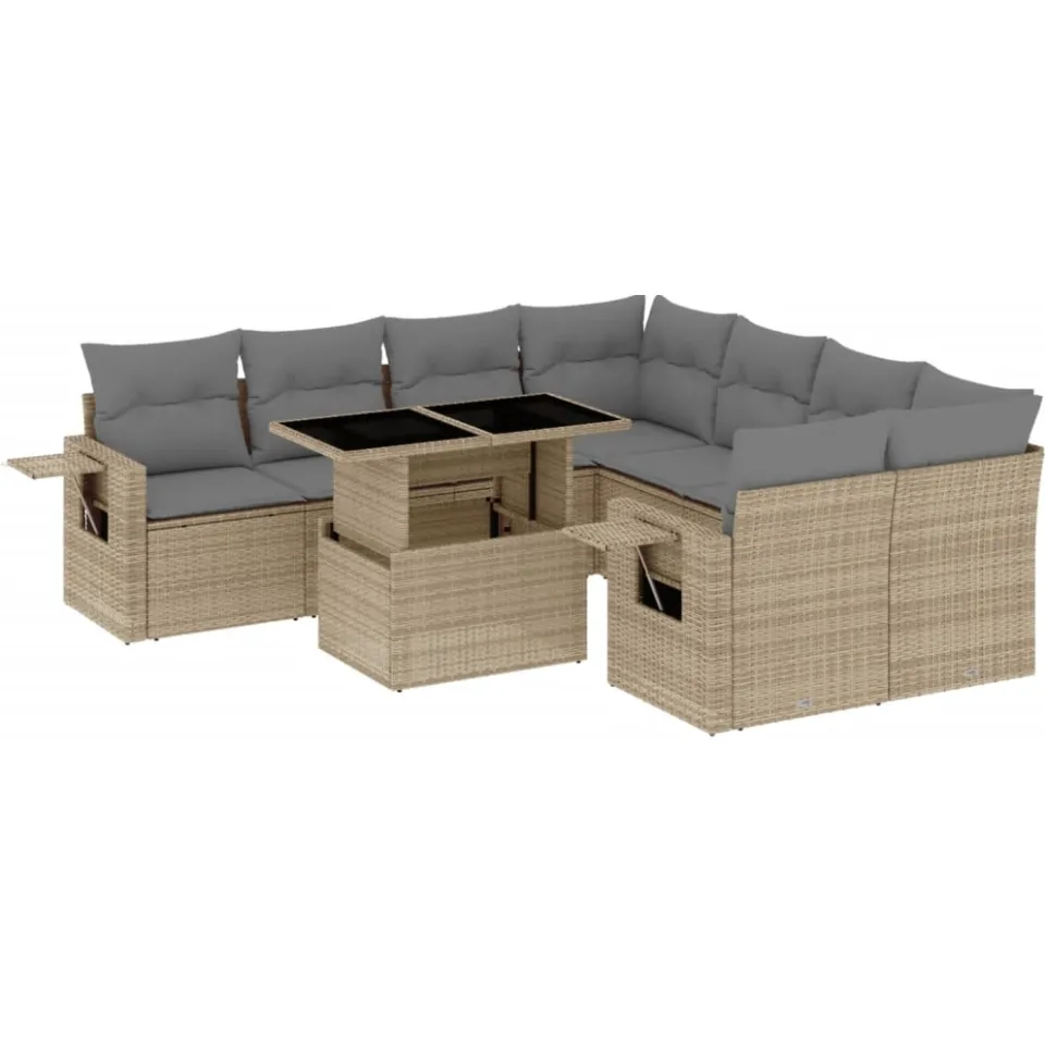 vidaXL 9-delige Loungeset met kussens poly rattan beige