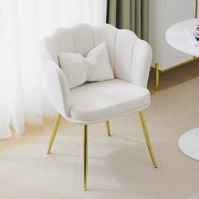 MEUNIQ Set van 6 beige velvet eetkamerstoelen met bloembladvormige rugleuning, kussens en goudkleurige metalen poten voor eetkamer