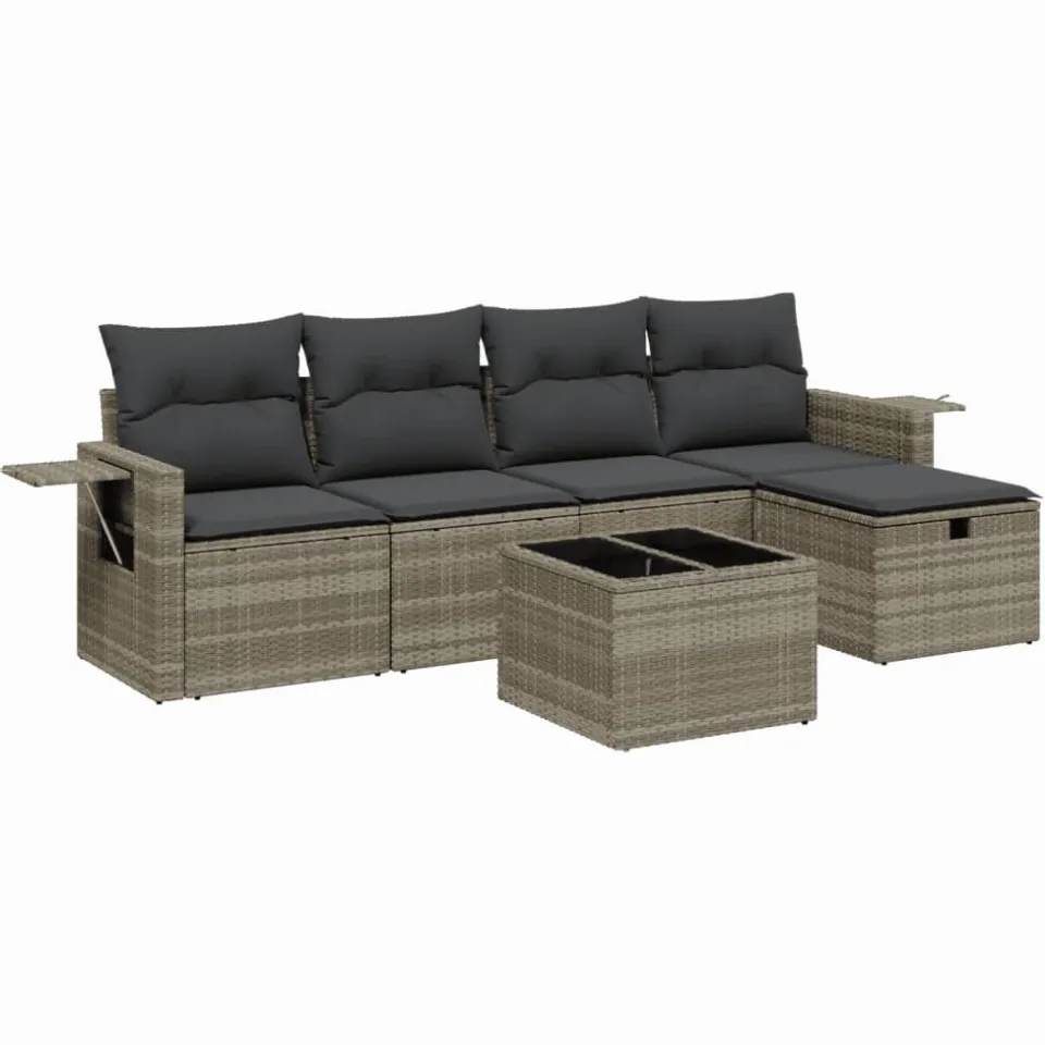 vidaXL 6-delige Loungeset met kussens poly rattan lichtgrijs