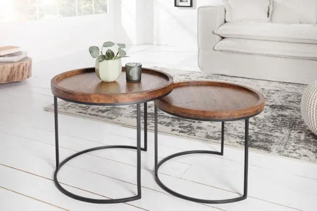 Invicta Interior Set van 2 bijzettafels ELEMENTS 55cm massief acaciahout steenafwerking rond metalen frame zwart - 36743 Zie omschrijving
