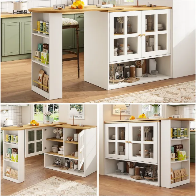 Merax 360° Draaibare Bar - Witte Moderne Multifunctionele Snackbar met 5 Planken & Glas Deur - Voor Slaapkamer, Woonkamer of Eetkamer
