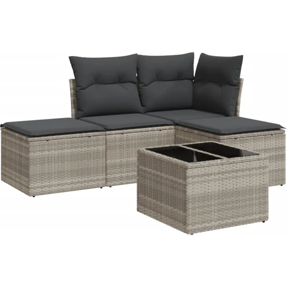 vidaXL 5-delige Loungeset met kussens poly rattan lichtgrijs grijs, foto 3