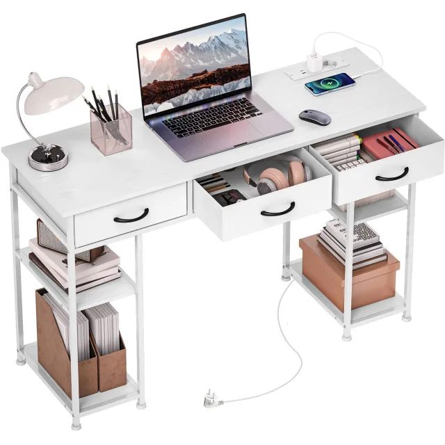 Lunpog Bureau - Computerbureau - Bureau met opbergruimte en stopcontact - 3 lades en 4 planken - 120 x 40 x 76 cm - Wit Blanc