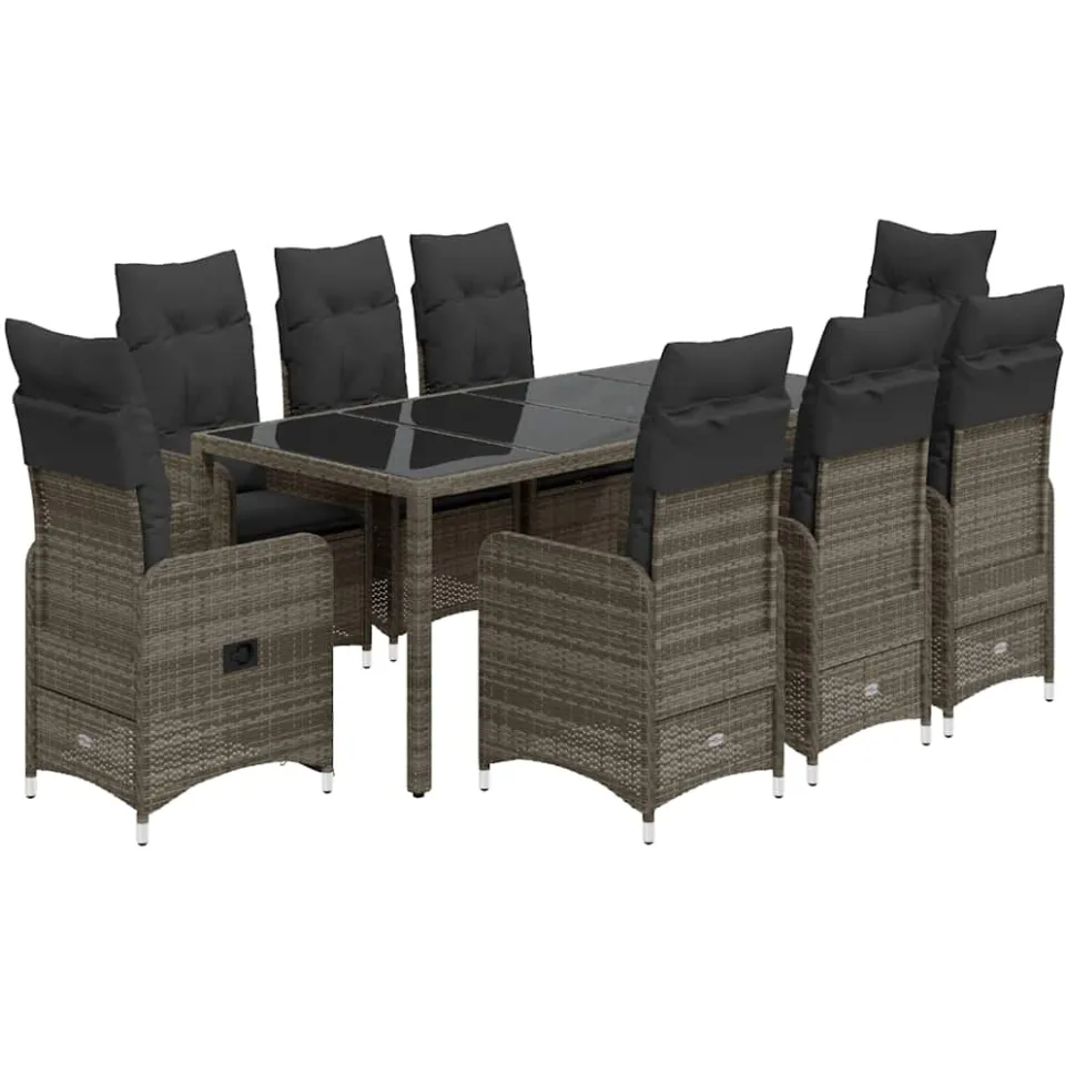 vidaXL 9-delige Bistroset met kussens poly rattan grijs, foto 3
