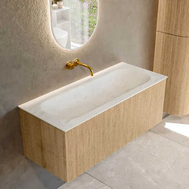 Mondiaz KURVE-DLUX 110 cm Onderkast Greeploos 1 Lade Zonder Deuren Oak, Wastafel Solid Surface Volledig Opalo 0 Kraangaten Zonder Spiegel (KRVBGM1101L0D0KM-Oak/Opa)