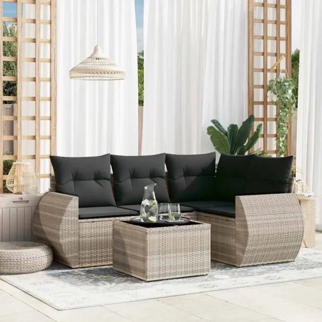 vidaXL 5-delige Loungeset met kussens poly rattan lichtgrijs grijs, foto 2