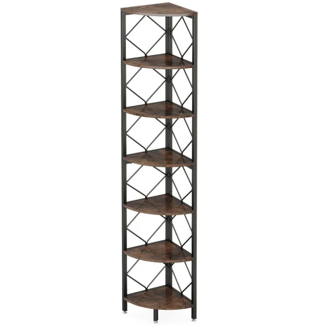 Pugsdrly Hoekrek met 7 niveaus, extra hoog hoekrek van 200 cm, smalle industriële rek voor kleine ruimtes, hoekrek van hout, opbergrek voor woonkamer, keuken, thuiskantoor Rustiek bruin