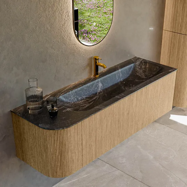 Mondiaz KURVE-DLUX 145 cm Onderkast Greeploos 1 Lade Met Deuren Oak, Wastafel Solid Surface Rechts Lava 1 Kraangat Zonder Spiegel (KRVBGL145L1L1D1KR-Oak/Lav)