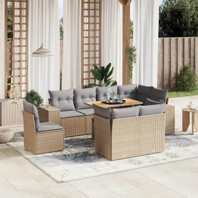 vidaXL 9-delige Loungeset met kussens poly rattan beige, foto 2