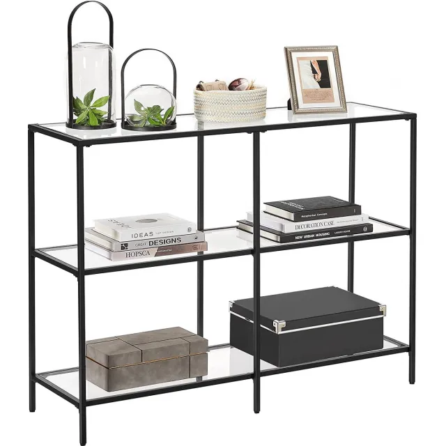 Acaza Sidetable - Consoletafel - 3 niveaus - Zwart - 100 x 30 x 73 cm (L x B x H) - Gehard Glas - Haltafel - Wandtafel - Sidetable Industrieel - Side Table - Console Tafel