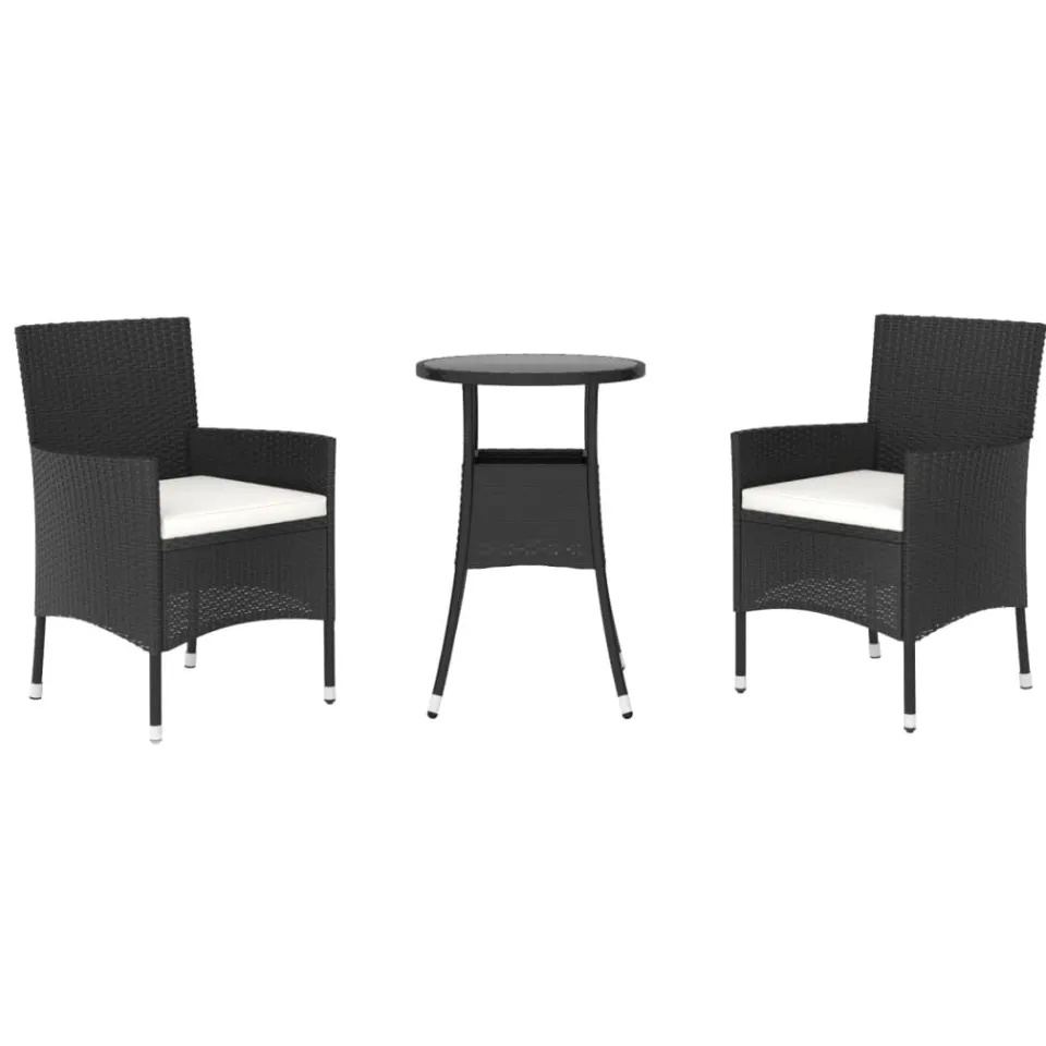 vidaXL 3-delige Bistroset met kussens poly rattan zwart