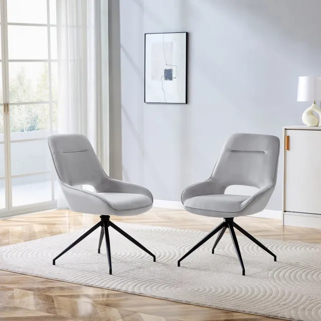 MEUNIQ Set van 2 360° draaibare eetkamerstoelen met armleuningen, lichtgrijze velvet zitting en zwart metalen onderstel voor de eetkamer