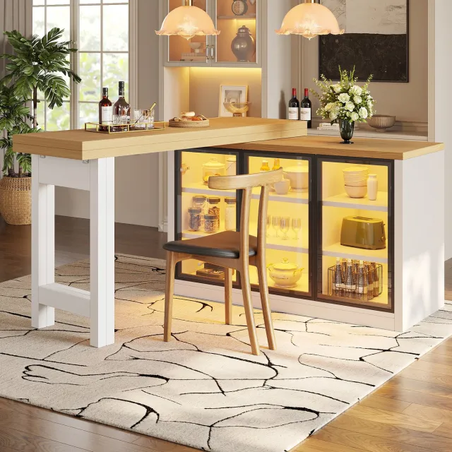 MEUNIQ uitschuifbare eettafel met opbergkast 120-197 x 40 x 72 cm, 360° draaibaar, glazen deuren, lichtsysteem met app en USB, wit