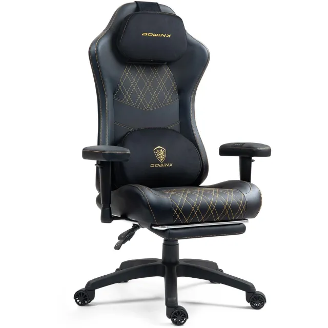 Dowinx Ergonomische Bureaustoel / Gamingstoel – Ergonomische bureaustoel met massage- en warmtefunctie – Ademende pocket spring zitting – Verstelbaar met voetsteun – Voor gamen en werken – Zwart goud