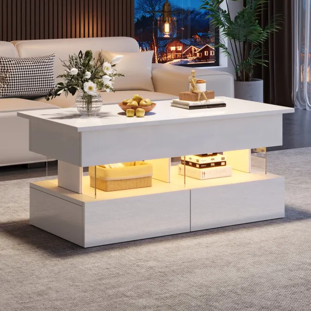 MEUNIQ Salontafel 100 x 50 x 46 cm - hoogteverstelbaar tafelblad, verborgen opbergruimte, 2 lades, open vak en appgestuurde ledverlichting - Wit