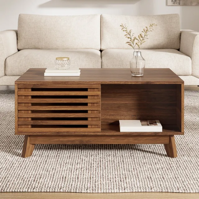 Merax Moderne retro salontafel - verstelbaar tafelblad - schuifluiken - walnotekleur - multifunctionele woonkamer salontafel