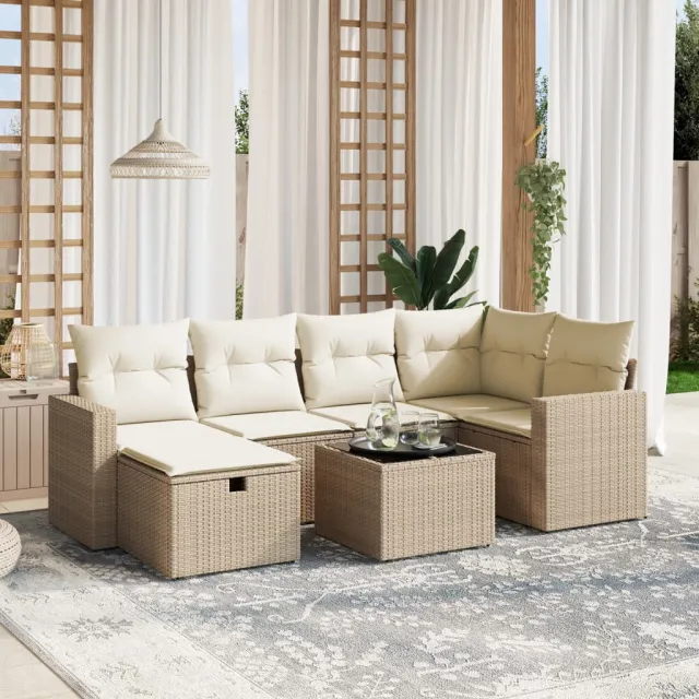 vidaXL 7-delige Loungeset met kussens poly rattan beige, foto 2