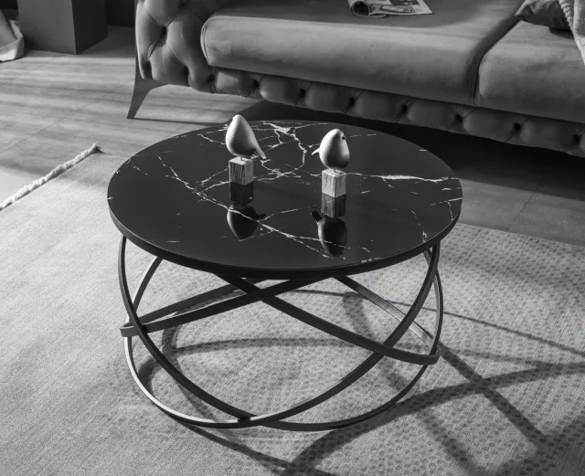 Swiss Homess Swiss Homes® | Salontafel - Zwart (Black) - Glas | Marmer Look - Ø75 / Ø 75 / Ø 44 cm - Bijzettafel - Tafel Rond - Woonkamer Tafel - Decoratie Tafel - Salon Tafel - Wandtafel - Koffietafel - Zwart Metalen Frame