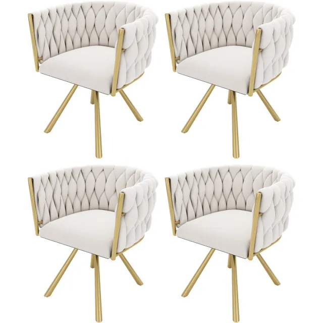 Merax Fluwelen eetkamerstoel - set van 4 - eenpersoons deluxe woonkamer slaapkamer draaistoel - lounge draaistoel - beige en goud