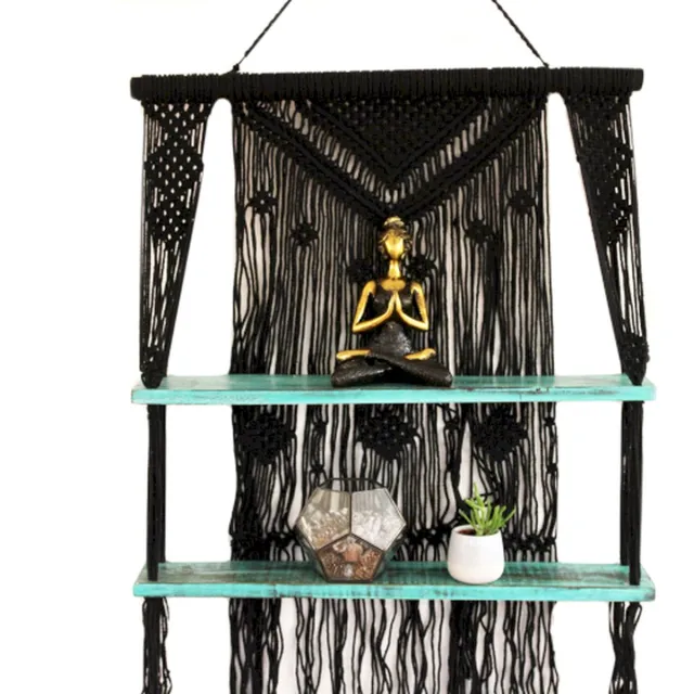 Joy of Balance Macramé Boekenplank - Met Hangende Planken - Turquoise & Zwart - Boekenplank - 150x75x13cm