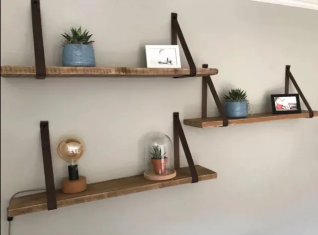 MeubelZwagerij Wandplank Steigerhout met Blauwe leren Riemen Blauw (Leren Riem)