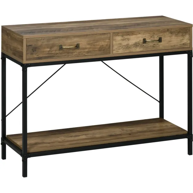 MODFU Vintage Bruin Zwarte Console Tafel met 2 Lades en Onderrek voor Hal en Woonkamer, 100x35x76,5 cm