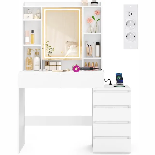 Vasagle Kaptafel - Kaptafel met Oplaadstation - Spiegel met LED-Verlichting - Met Lades Wit