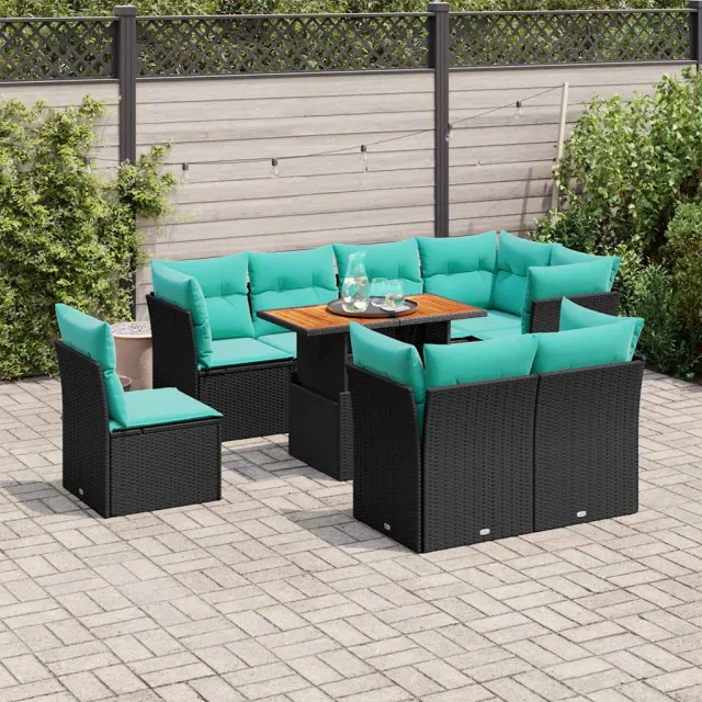 vidaXL 9-delige Loungeset met kussens poly rattan zwart, foto 2