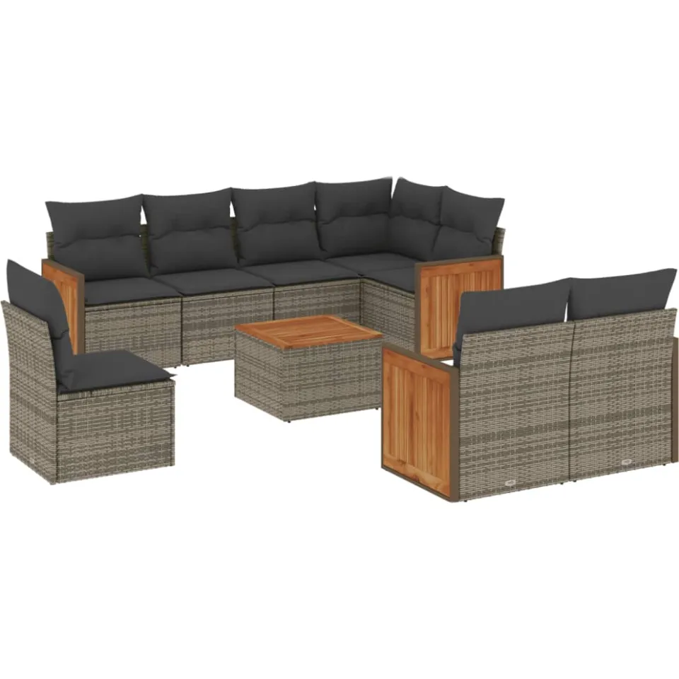 vidaXL 9-delige Loungeset met kussens poly rattan grijs, foto 3