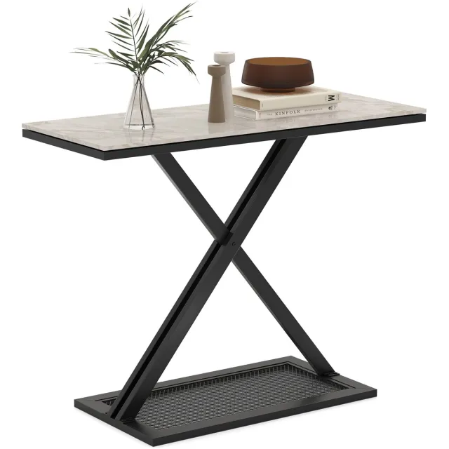 Costway Consoletafel zwart, tafelblad van echt marmer, moderne bijzettafel met X-vormig metalen frame, haltafel 100 x 40 x 77,5 cm Wit en Zwart