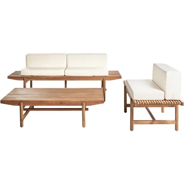 Beliani GIAVENO - Loungeset 3-zits - Gebroken wit - Acaciahout Bruin