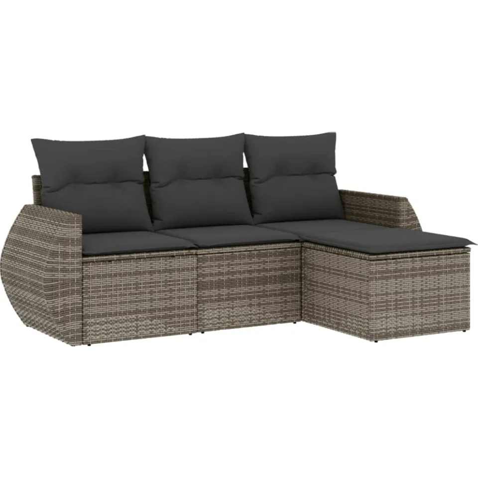 vidaXL 4-delige Loungeset met kussens poly rattan grijs, foto 3