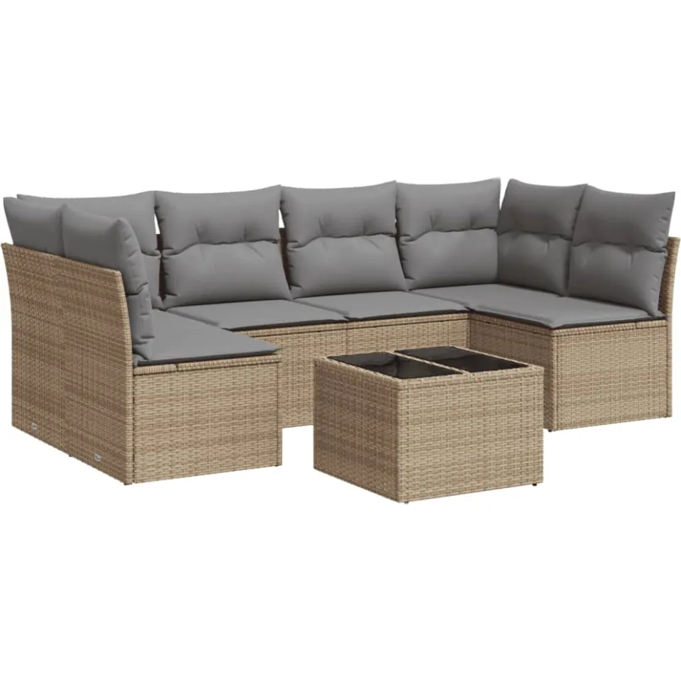 vidaXL 7-delige Loungeset met kussens poly rattan beige