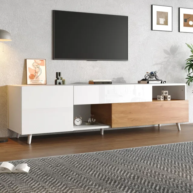 COVREO TV-meubel 180 x 38 x 50 cm - hoogglans, 1 lade, klepdeur, wit en houtkleur