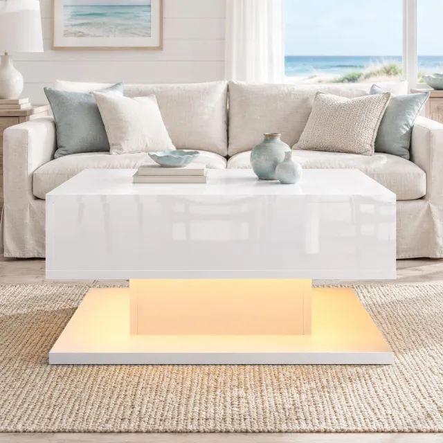 MODENUIT Salontafel - Verstelbaar Blad En Ledverlichting - Woonkamer - Spaanplaat En MDF - Wit - 72x72x35 Cm