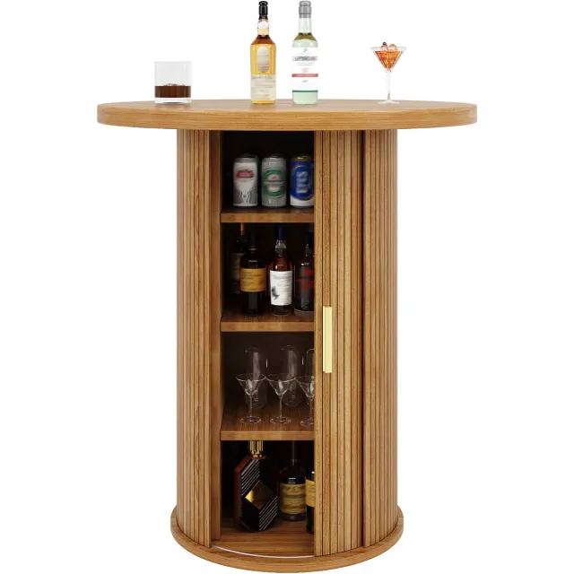 MODENUIT Bartafel - Ronde Statafel Met Opbergkast En Schuifdeur - Voor Woonkamer En Barruimte - MDF Houtkleur - 60x60x91,6 Cm
