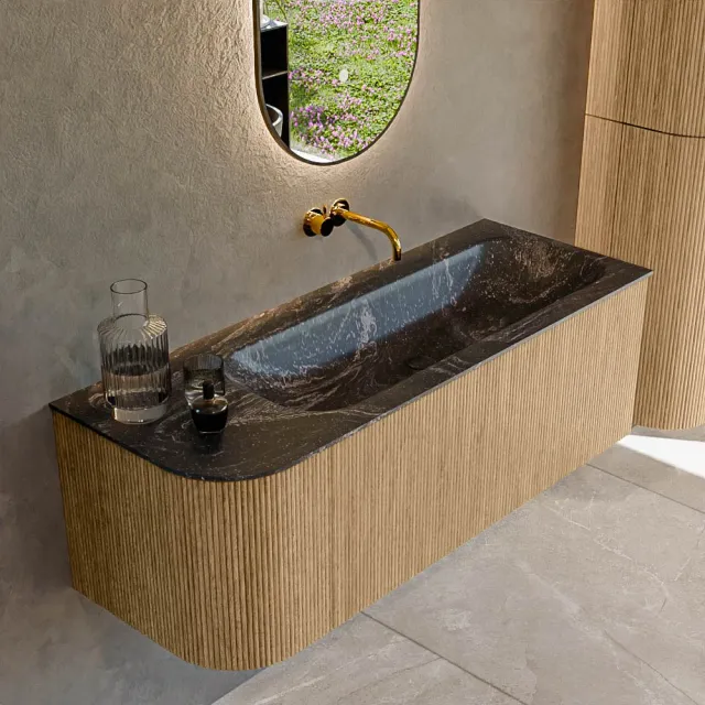 Mondiaz KURVE-DLUX 125 cm Onderkast Greeploos 1 Lade Met Deuren Oak, Wastafel Solid Surface Rechts Lava 0 Kraangaten Zonder Spiegel (KRVBGM125L1L1D0KR-Oak/Lav)