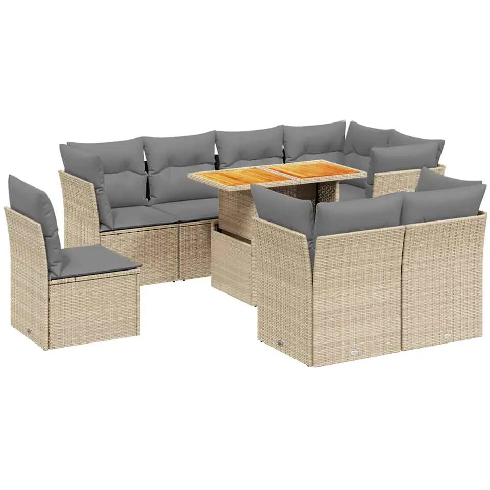 vidaXL 9-delige Loungeset met kussens poly rattan beige, foto 3