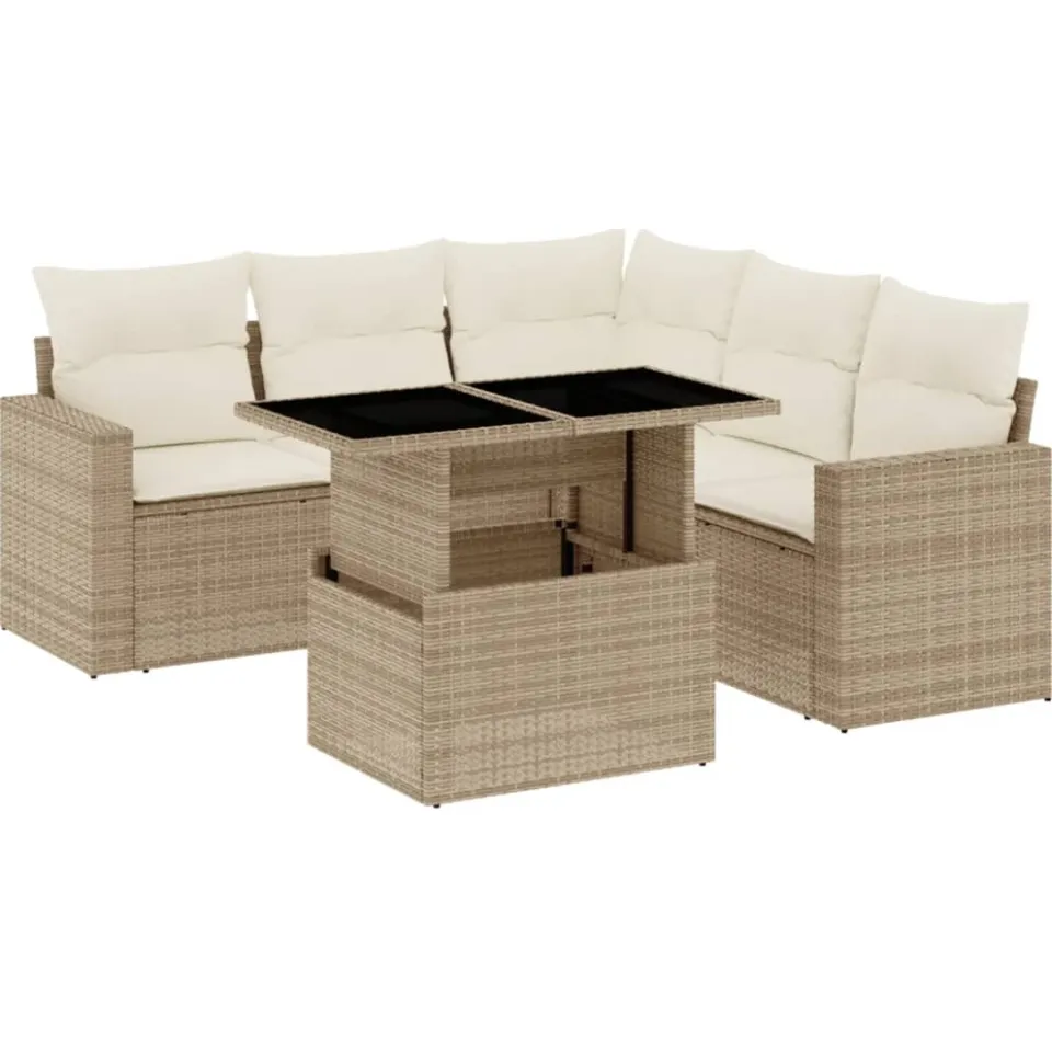 vidaXL 6-delige Loungeset met kussens poly rattan beige, foto 3