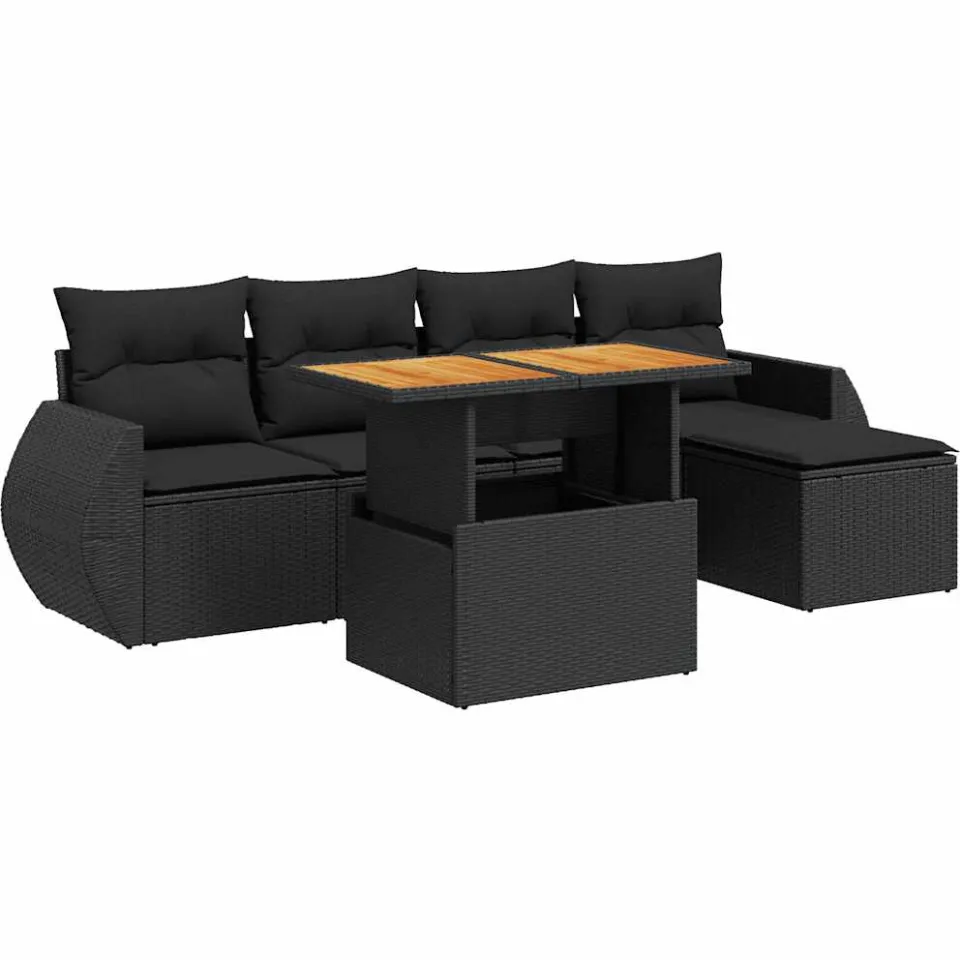 vidaXL 6-delige Loungeset met kussens poly rattan zwart, foto 3