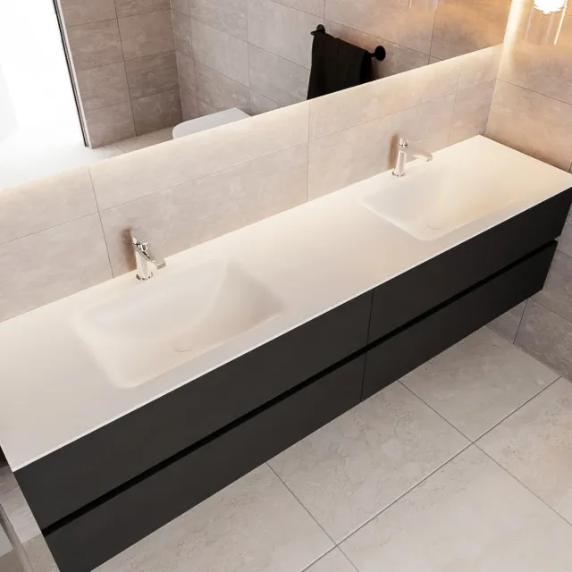 Boss & Wessing Badkamermeubel Solid Surface BWS Oslo 200x45 cm Mat Zwart Urban Dubbel (2 kraangaten, 4 lades)