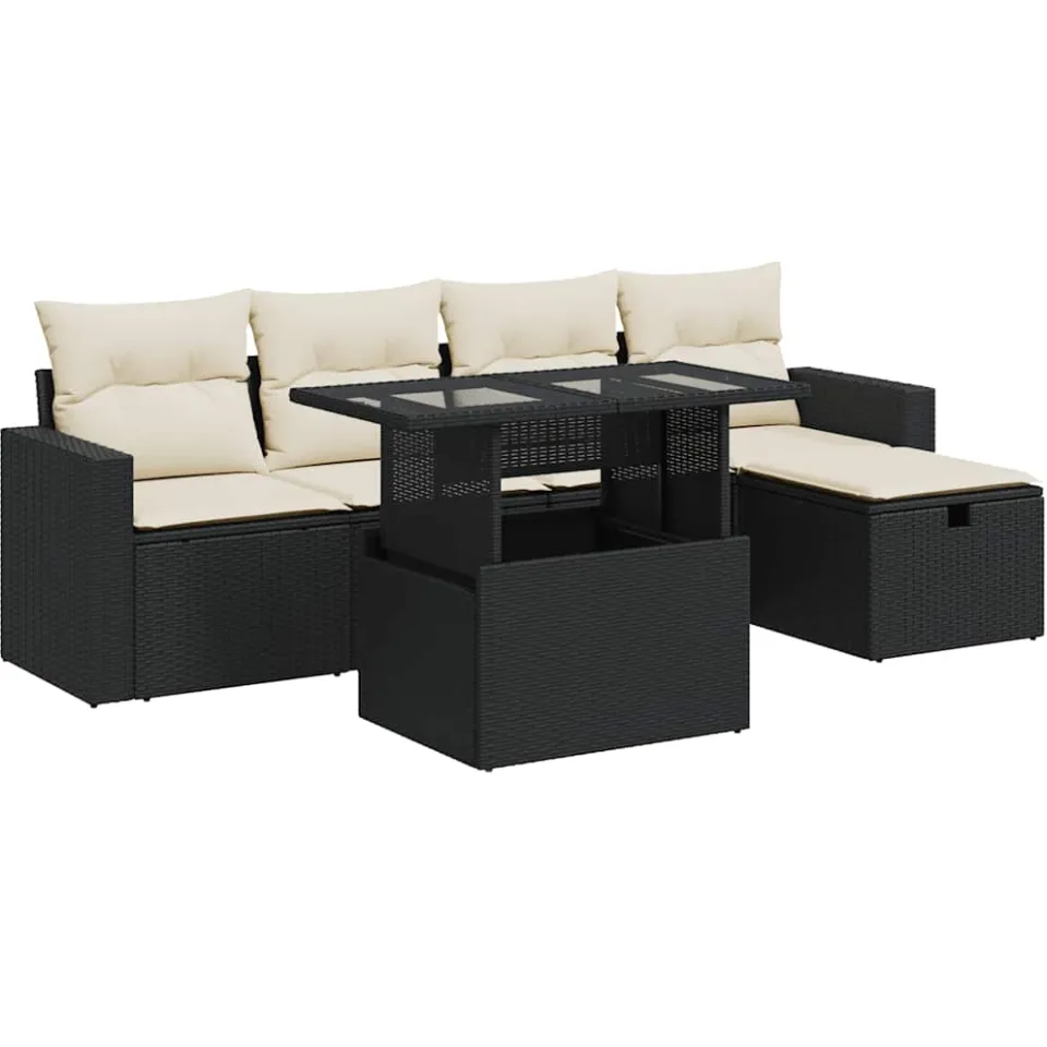 vidaXL 6-delige Loungeset met kussens poly rattan zwart, foto 3