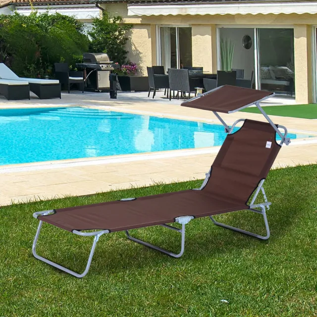 REDOM Tuinligbed - Inklapbaar Met Verstelbare Zonwering - Voor Tuin Of Terras - Metaal En Oxfordstof - Bruin - 187 X 58 X 36 Cm