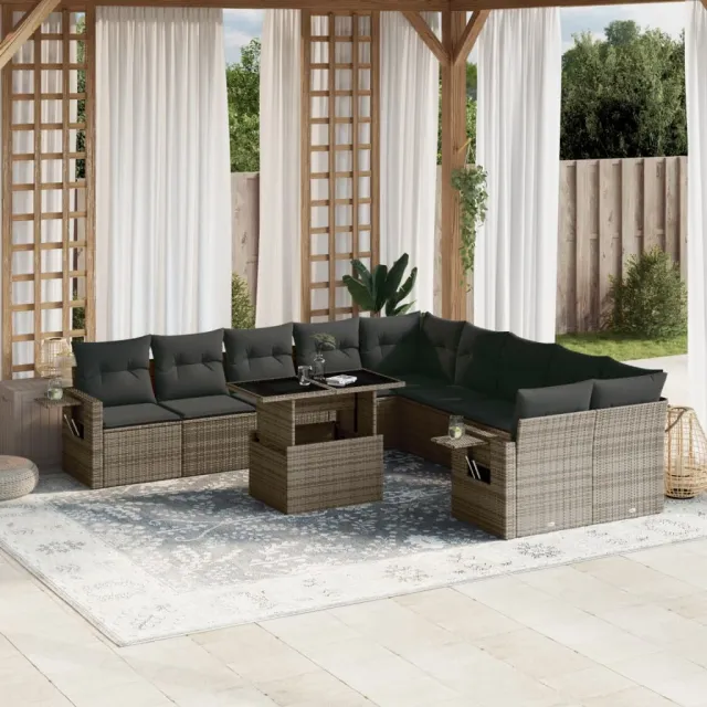 vidaXL 11-delige Loungeset met kussens poly rattan grijs, foto 2