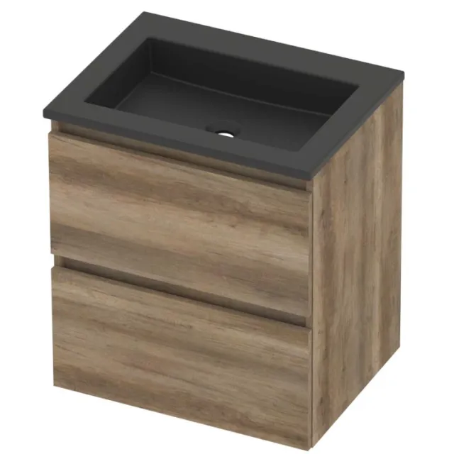 Basic-Line Aura 46 Badmeubelset Acryl Zonder Kraangat Greeploos 60x46x62 cm Scotch Oak Mat Zwart