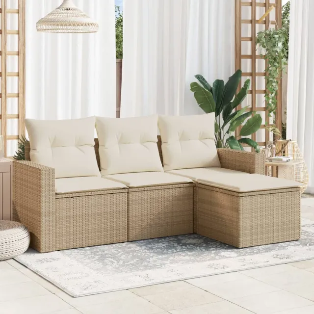 vidaXL 4-delige Loungeset met kussens poly rattan beige, foto 2