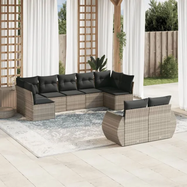 vidaXL 9-delige Loungeset met kussens poly rattan lichtgrijs grijs, foto 2