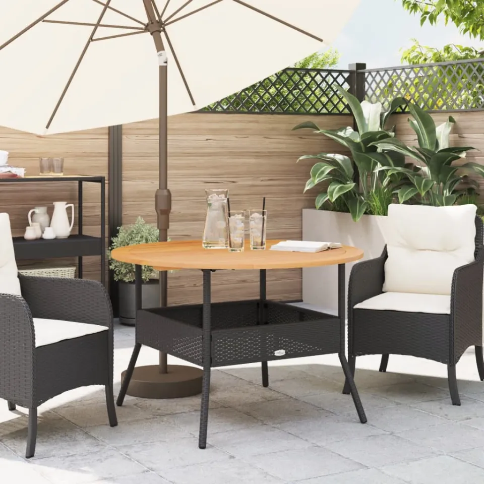 vidaXL Tuintafel met acaciahouten blad Ø110x71 cm poly rattan zwart, foto 3